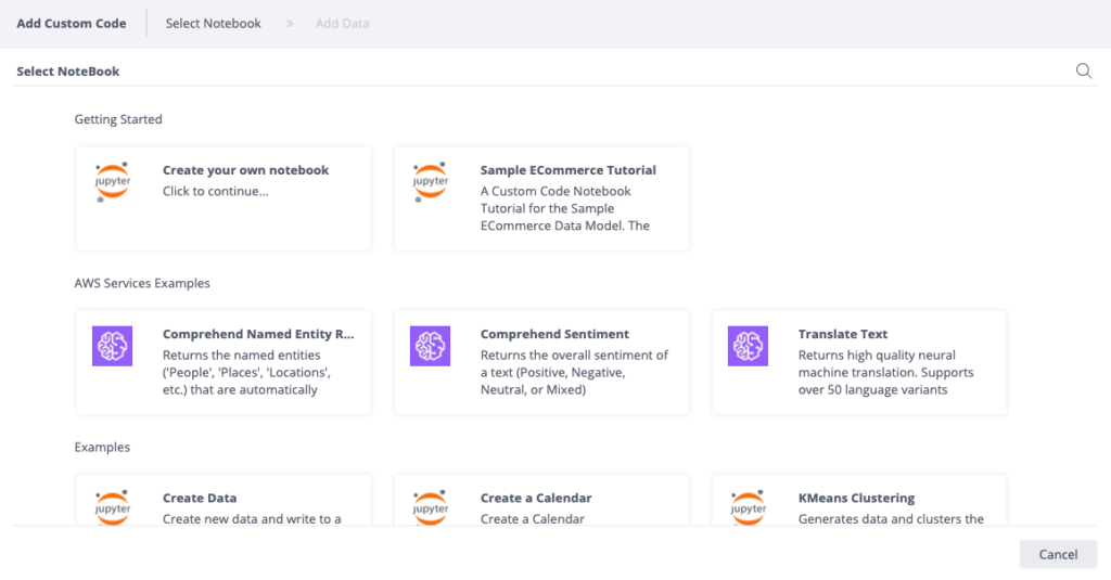  Sisense Custom Code Notebook options including AWS and Jupyter notebook examples.