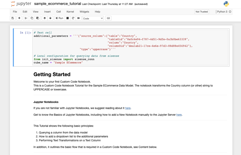 A code sample and beginning of Sisense Custom Code Notebooks Getting Started Guide and Tutorials.