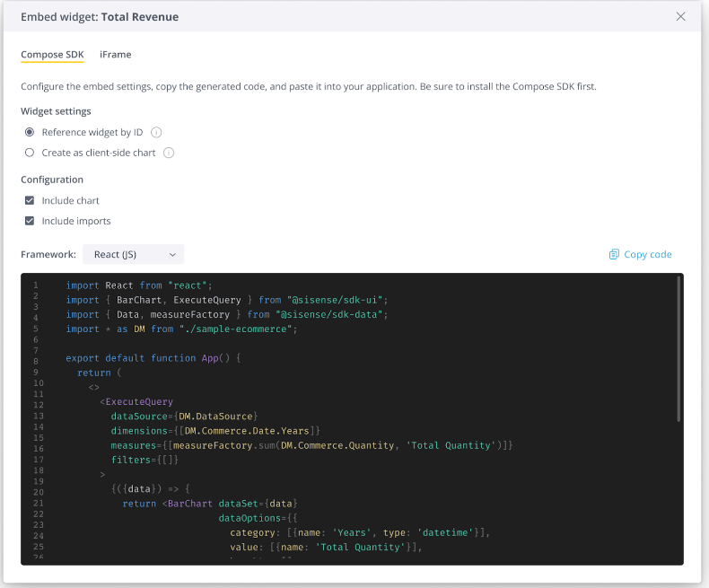 An image showing an ‘embed widget,’ with options to use the Compose SDK or an iFrame, with lines of React(JS) code at the bottom.