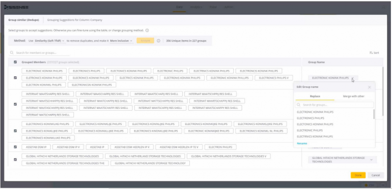 AI-powered Group Similar associates common variants for the same name, words, and concepts, like U.S., USA, and United States, to help prepare and dedupe data sets.